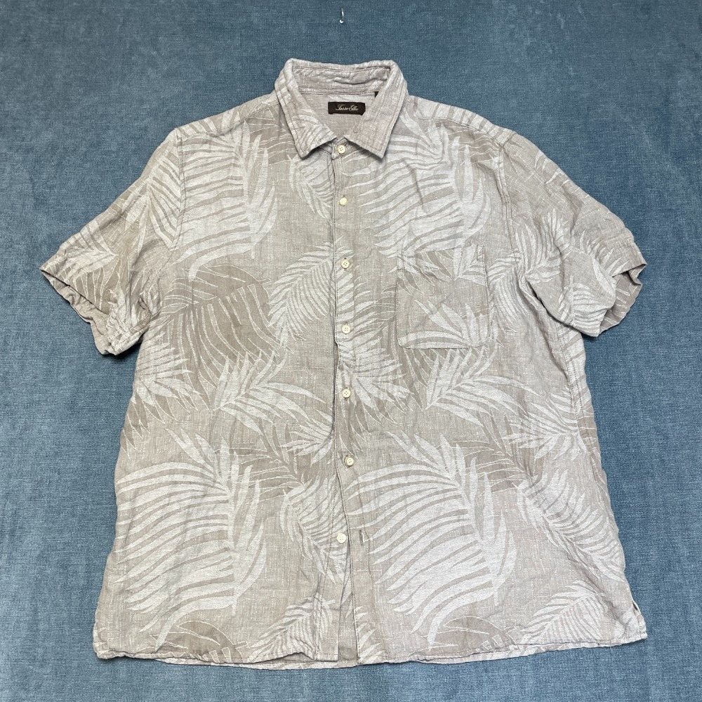 Tasso Elba Hawaiian Shirt Mens XL Gray Silk Linen Tropical Leaf Print Button Up